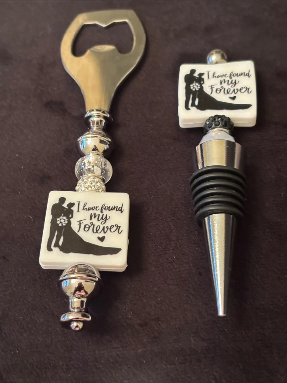 Wedding Bottle Stopper and Opener Set - White 'I Have Found My Forever'